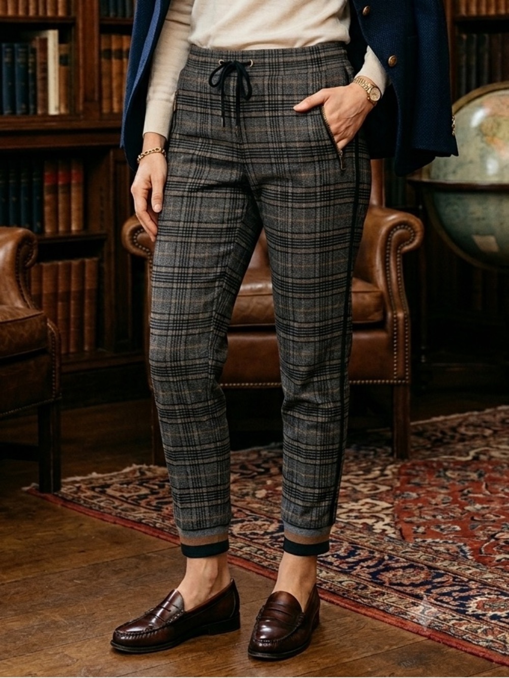 Mos Mosh Plaid Pants Women Tapered Chic Office Business Casual Tailored Preppy